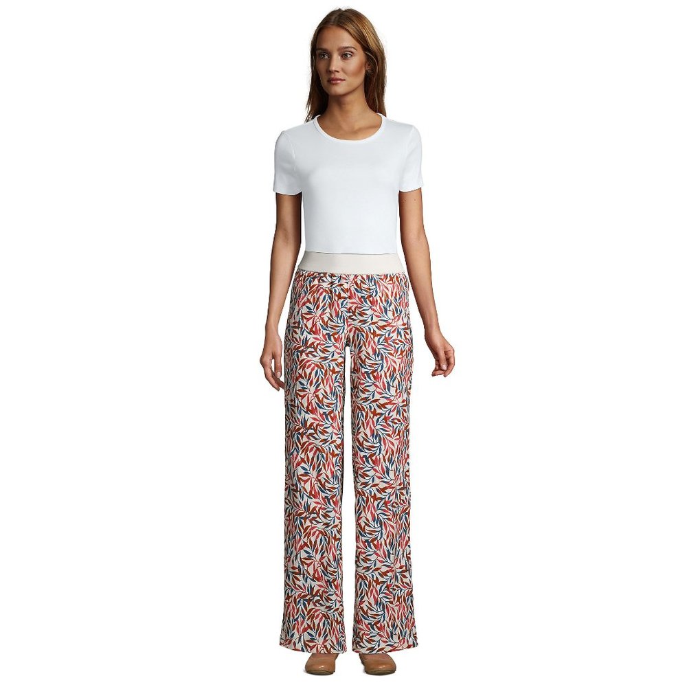 Wide Leg Linen Pants Ivory Cream Coral Pink Floral Palazzo Pants XSP PXS 2P P2